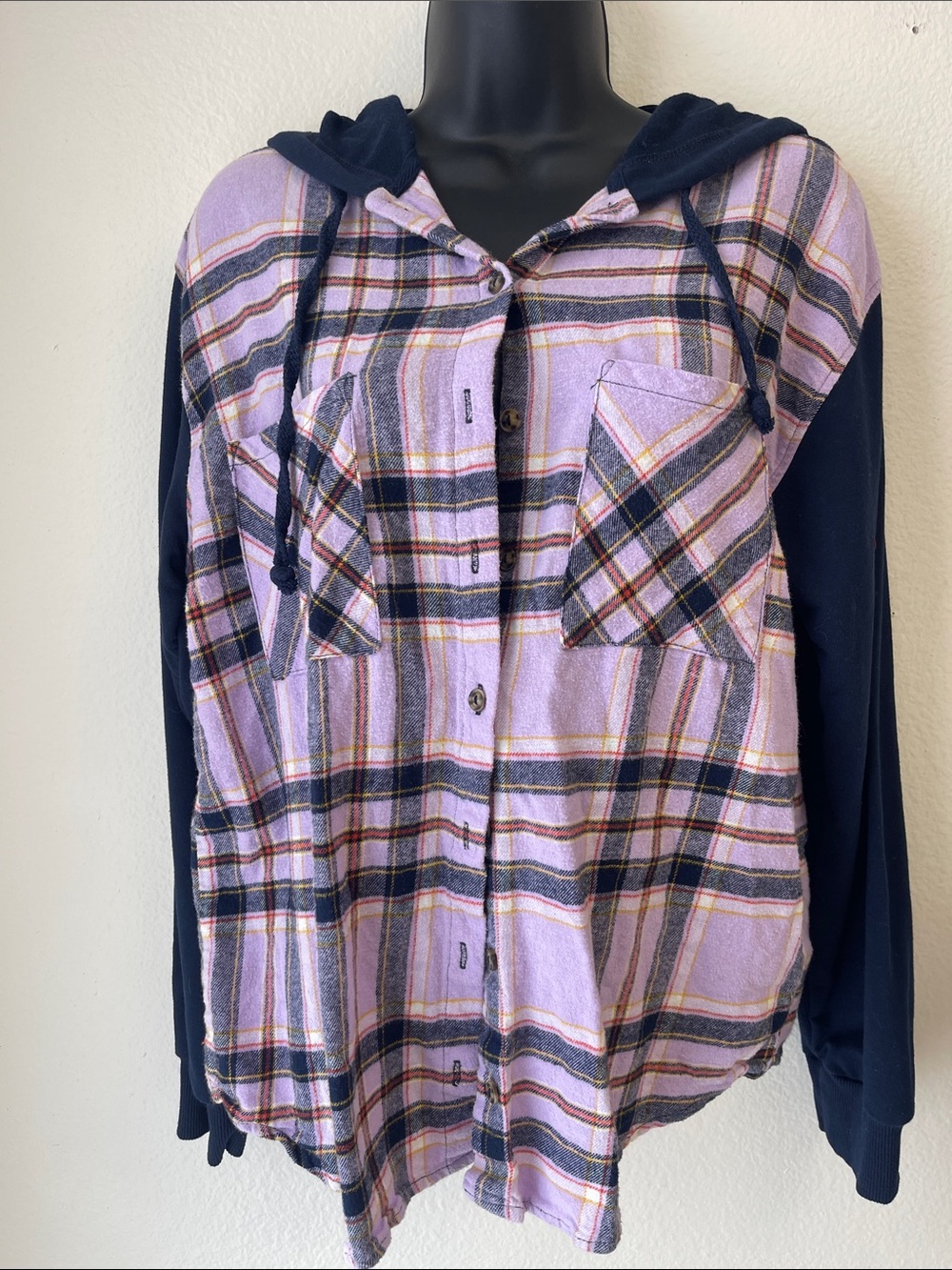 Ambiance Plaid Hooded Button-Up in Lavender and Navy